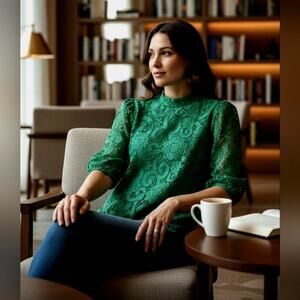 Nanette Lepore Designer Lace Blouse Sz M Kelly Green Short Sleeve Irish Office